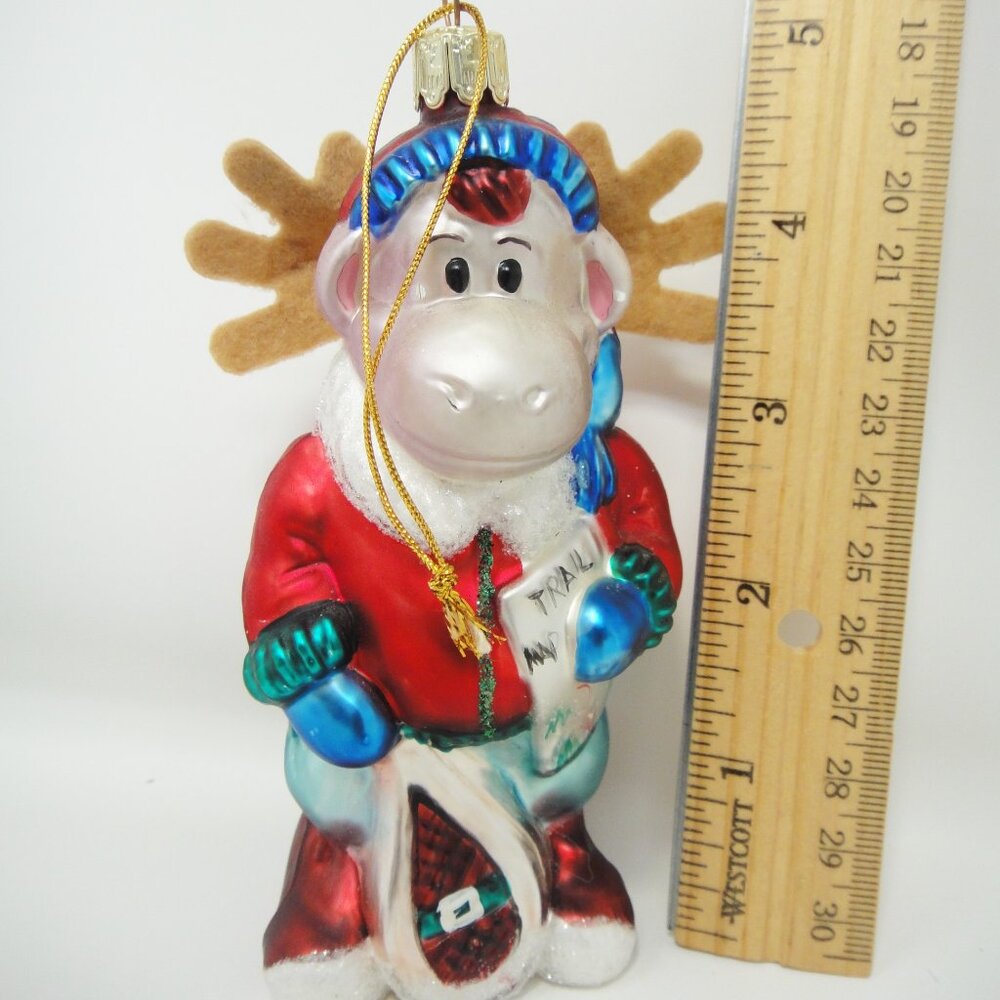 SANTA'S BEST Glass Moose Christmas Ornament w Felt Antlers & Trail Map